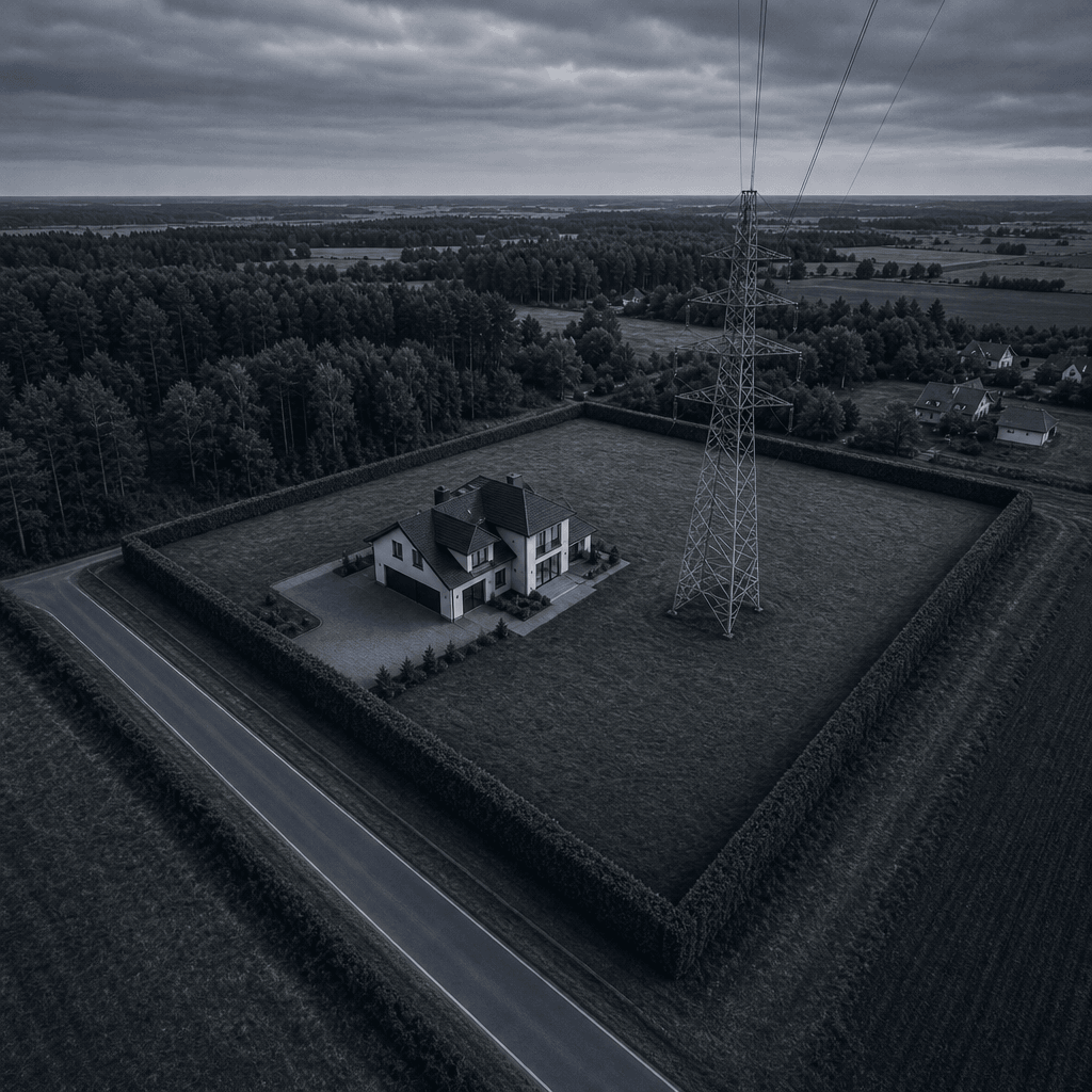 Widok z powietrza na działkę z domem, przy której stoi słup wysokiego napięcia z linią przesyłową.